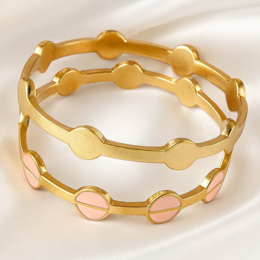 Gold & Pink Enamel Bangle Bracelets Set of 2 – Elegant Women Jewelry